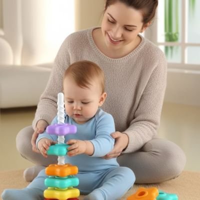 maman bébé jouant anneaux empilables 18 mois