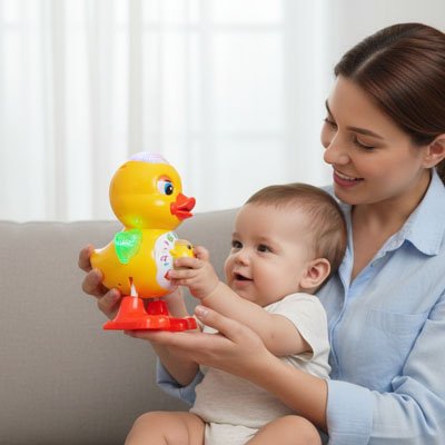 maman jouant avec bébé et un jouet musical canard