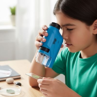 microscope enfant 6 ans bleu et petite fille