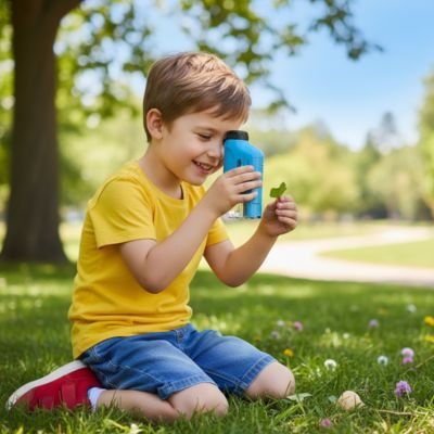 microscope enfant 6 ans dans le jardin avec garçon