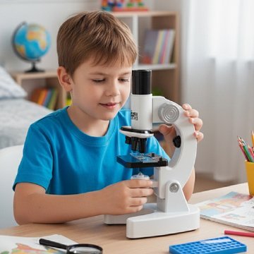 Microscope enfant 8 ans dans le bureau avec enfant