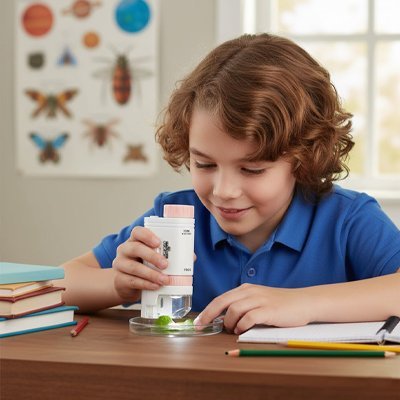 Microscope enfant débutant avec enfant a l'école