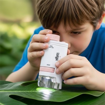 Microscope enfant débutant observe plante par garçon