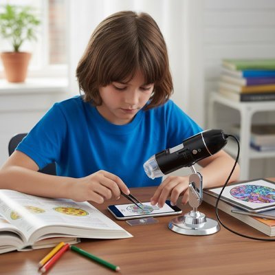 Microscope portable enfant  et petit garçon