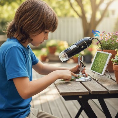 Microscope portable enfant utiliser par garçon