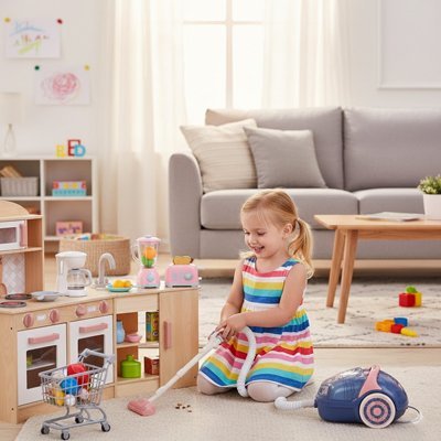 Mini aspirateur enfant et fille dans la chambre