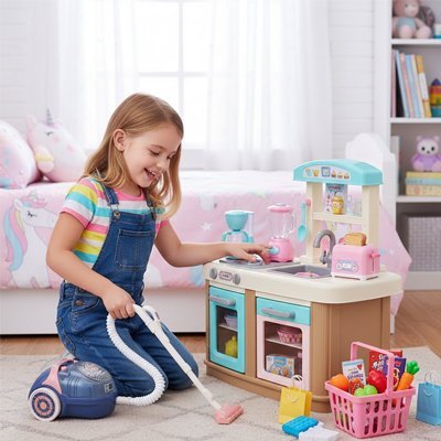 Mini aspirateur enfant jouet et petite fille dans le salon