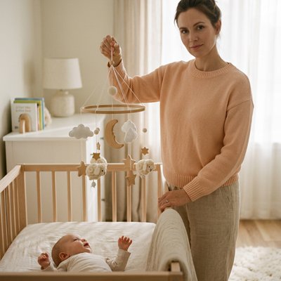 mobile bébé nuage mouton gris avec maman