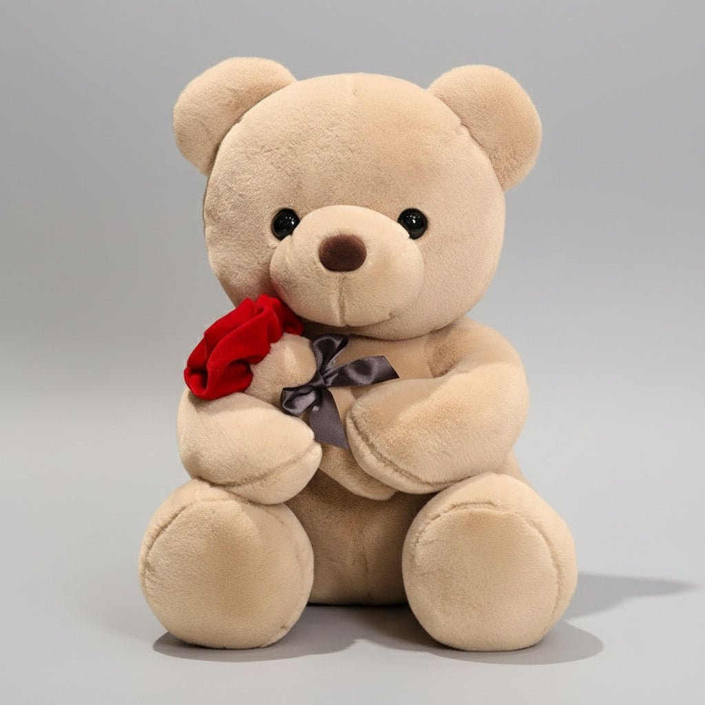ours en peluche nounours beige tien une rose