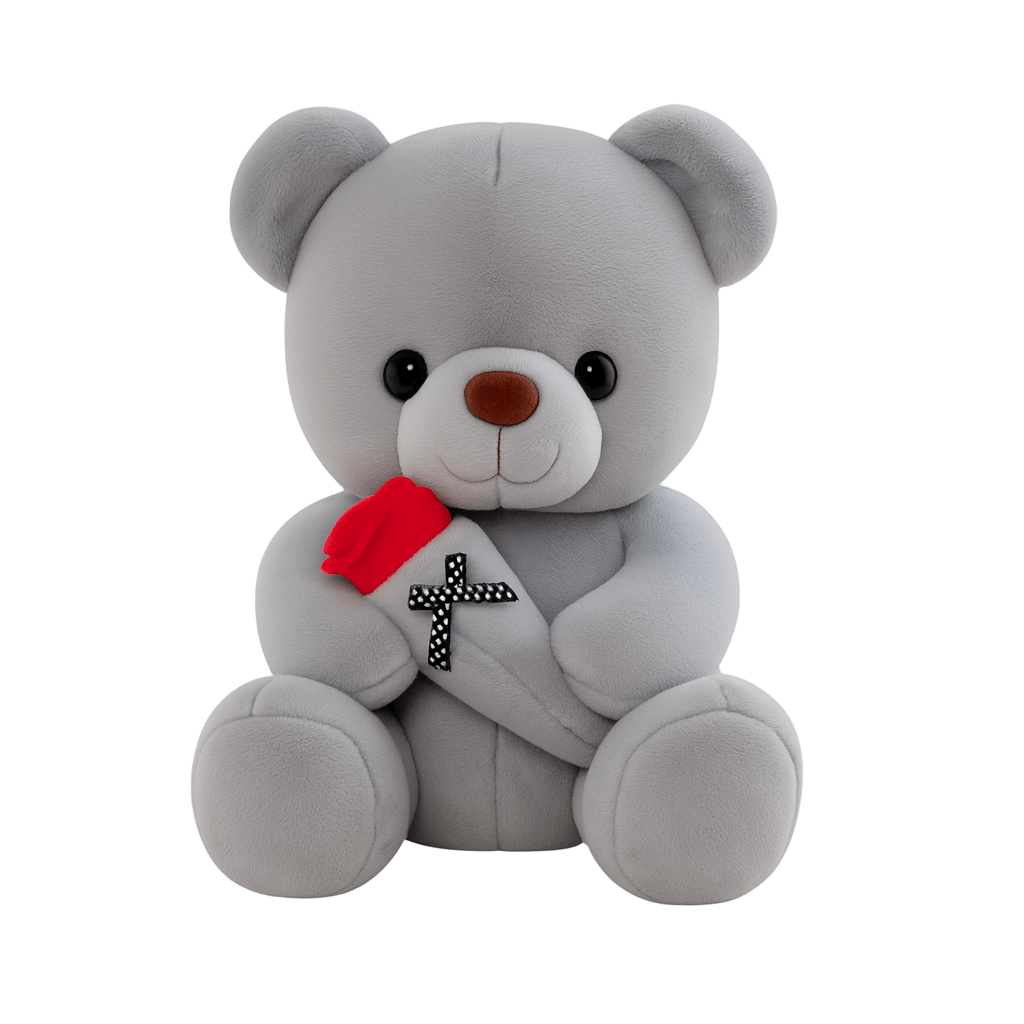peluche en ours gris porte une rose nounours