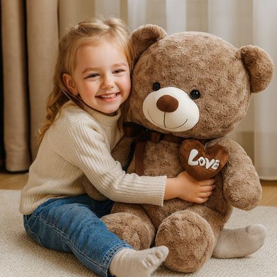 ours en peluche ultra doux beige et petite fille