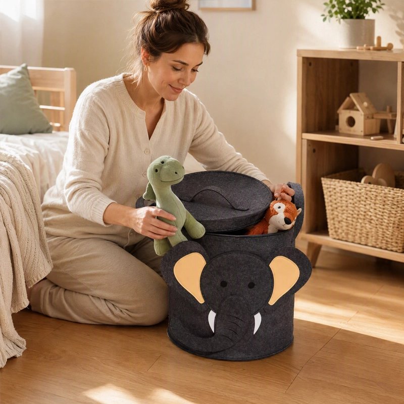 Panier à jouets éléphant gris couvercle ouvert