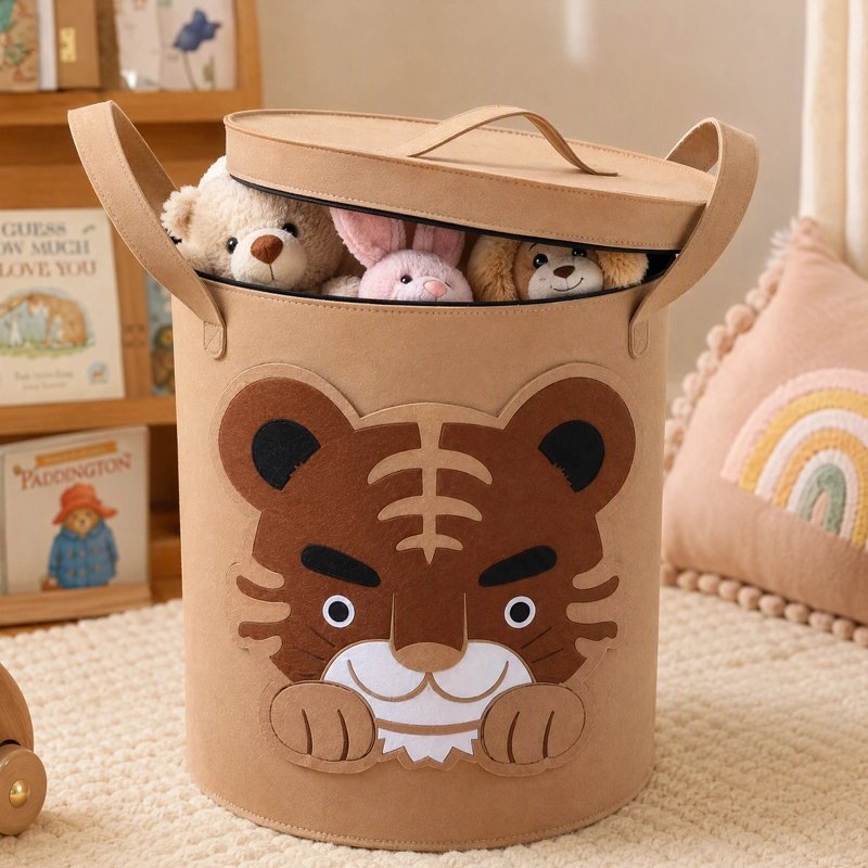 Panier à jouets tigre beige avec couvercle