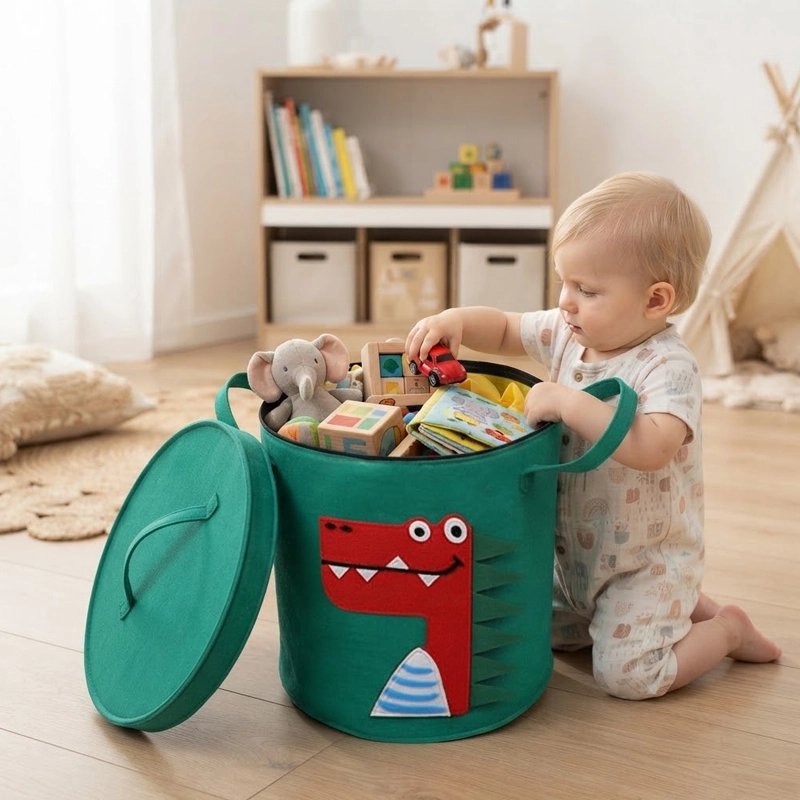 Panier à jouets vert avec couvercle ouvert