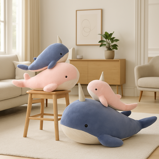 peluche baleine rose et bleu dans le salon