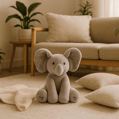 peluche éléphant gris dans le salon