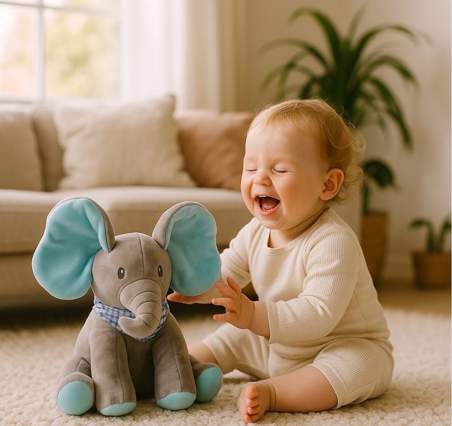 peluche éléphant gris et bleu avec bebe