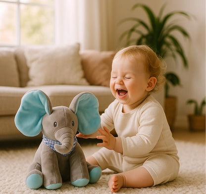 peluche éléphant gris et bleu avec bebe