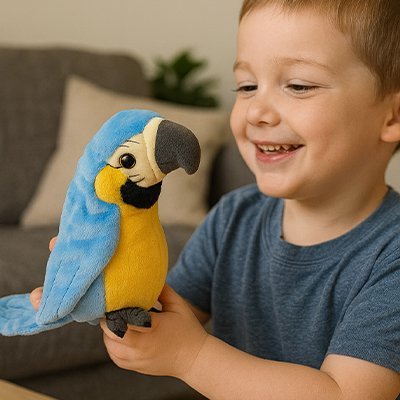 peluche interactive eveil calin perroquet bleu et enfant