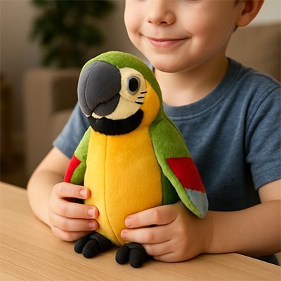 peluche interactive eveil calin perroquet vert avec enfant sur la table