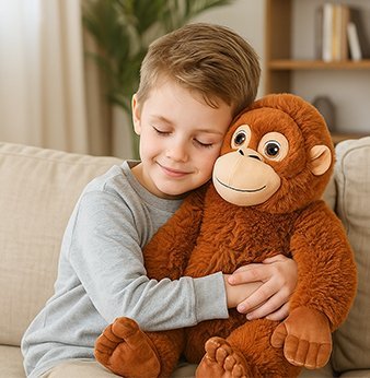 Peluche singe  fais un calin a petit garçon