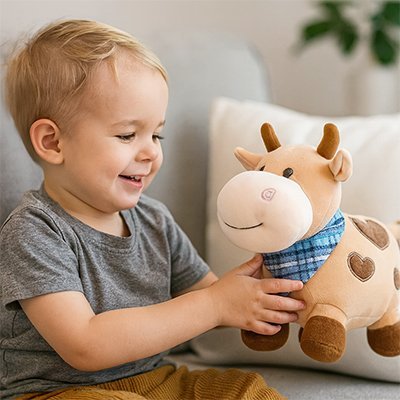 peluche vache doudou bio coton beige et petit enfant