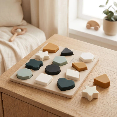 Puzzle bébé 1 an en silicone sauge et caramel