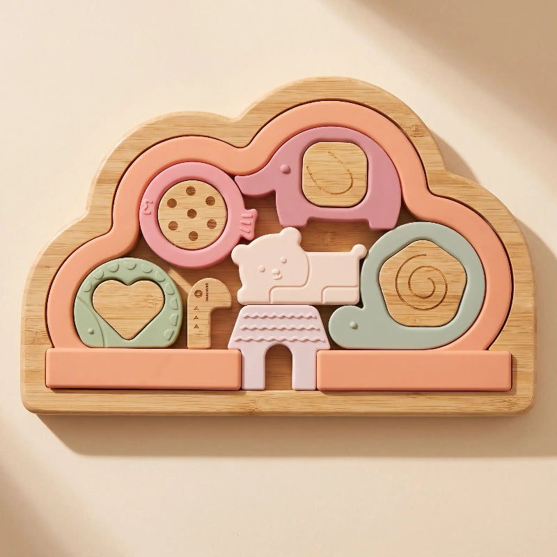 Puzzle bébé bois et silicone rose et sauge