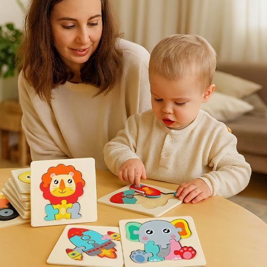 puzzle en bois artisanal éducatif avec maman