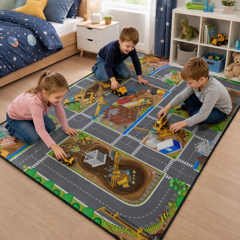 Tapis circuit voiture chantier avec trois enfants
