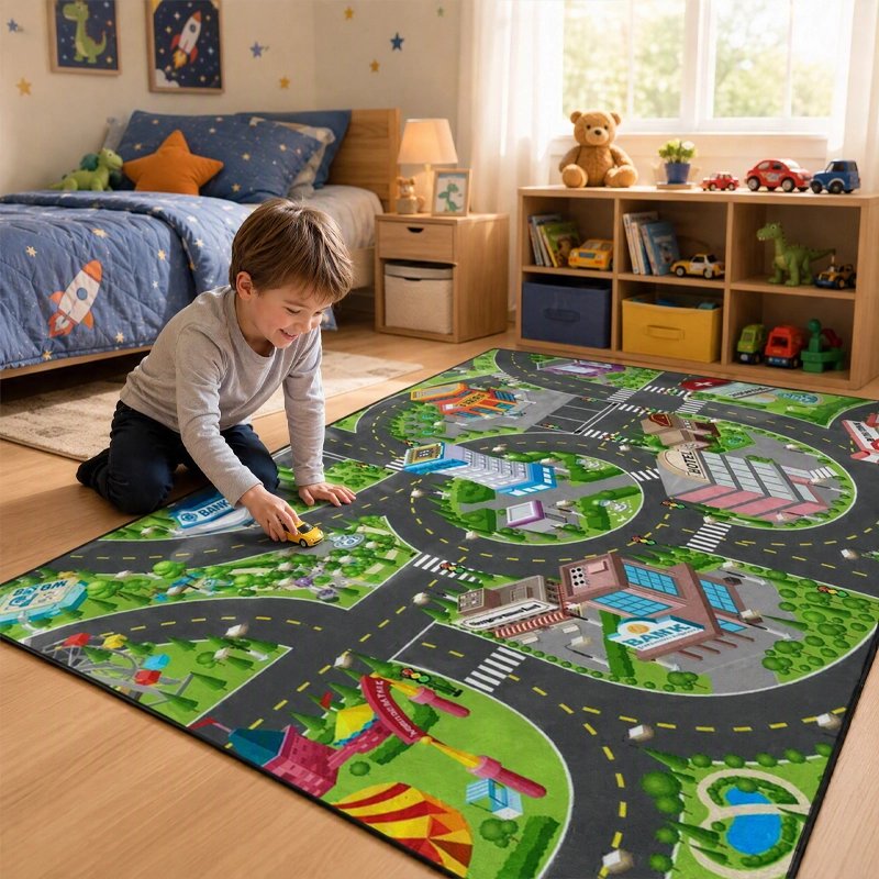 Tapis circuit voiture ville avec enfant