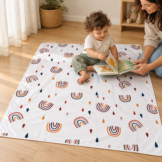 Tapis de motricité bébé, lecture avec un parent