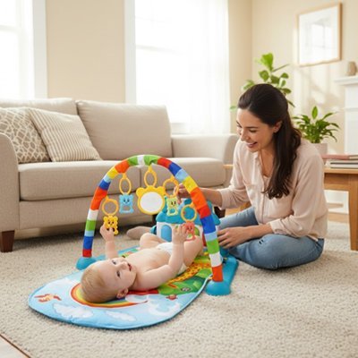 Tapis d'éveil bébé et maman dans le salon