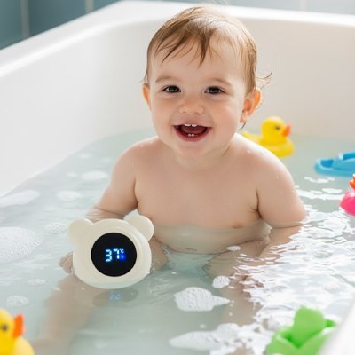 Thermometre de bain joue avec bébé au bain