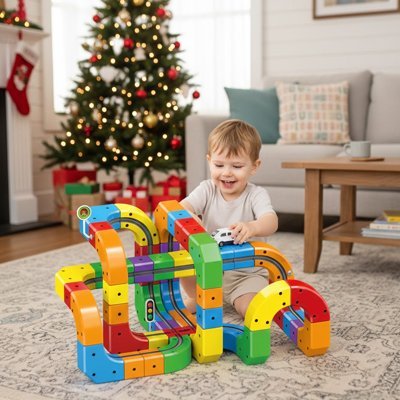 train aimanté enfant devant le sapin de noel